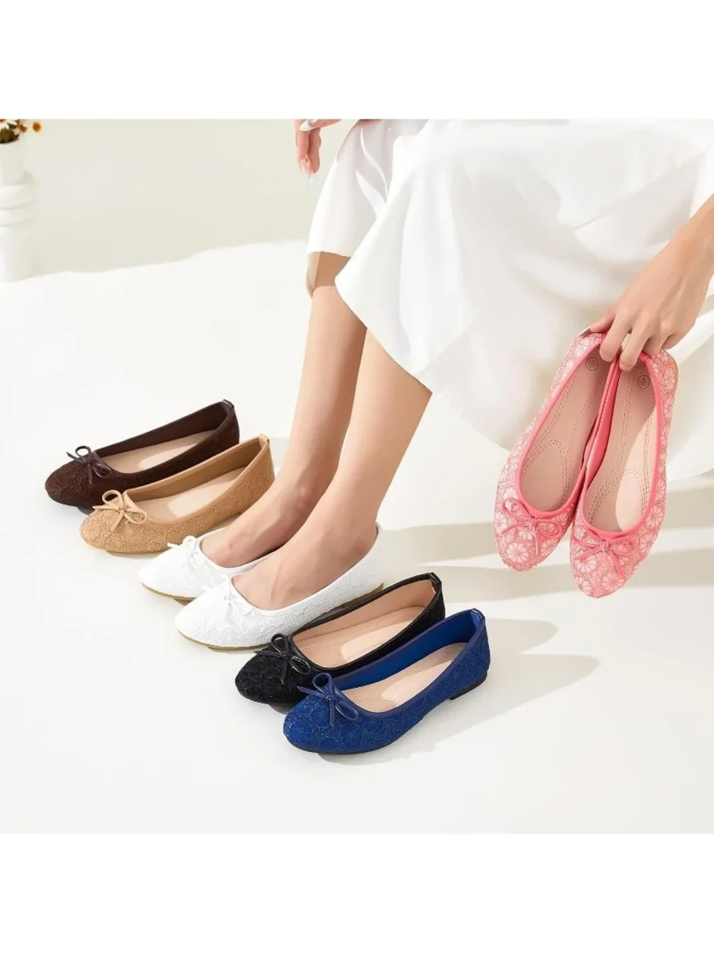 Women' Blue Pointed Toe Ballet Flats Bow Slip-On Comfortable Dress Shoes
